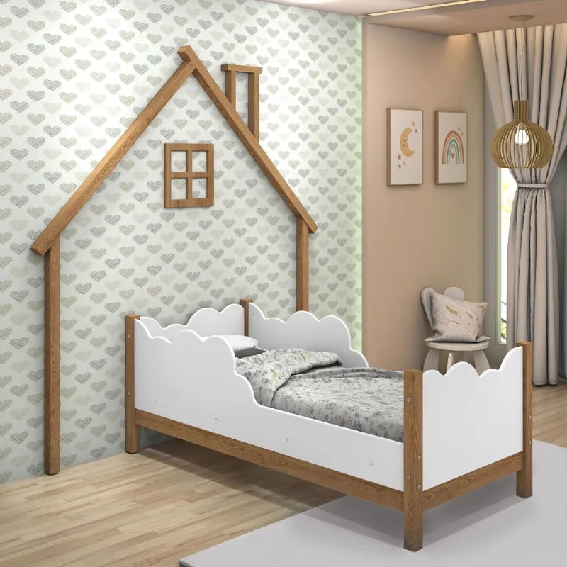 Cama Infantil e Cabeceira de Parede Casa Sonho Madeira e Branco