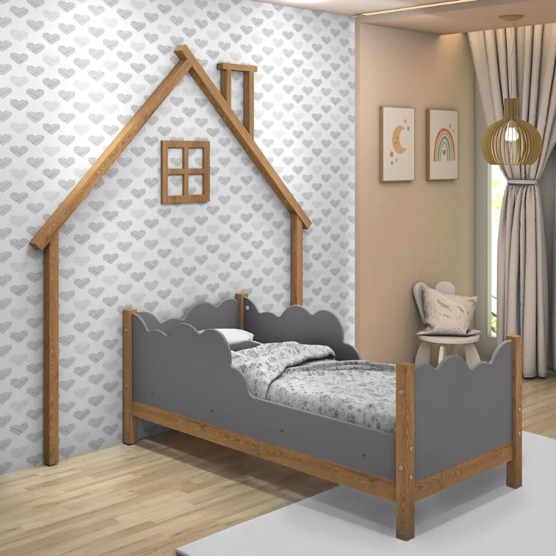 Cama Infantil e Cabeceira de Parede Casa Sonho Madeira e Cinza