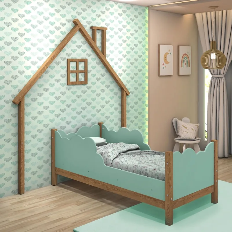 Cama Infantil e Cabeceira de Parede Casa Sonho Madeira e Menta