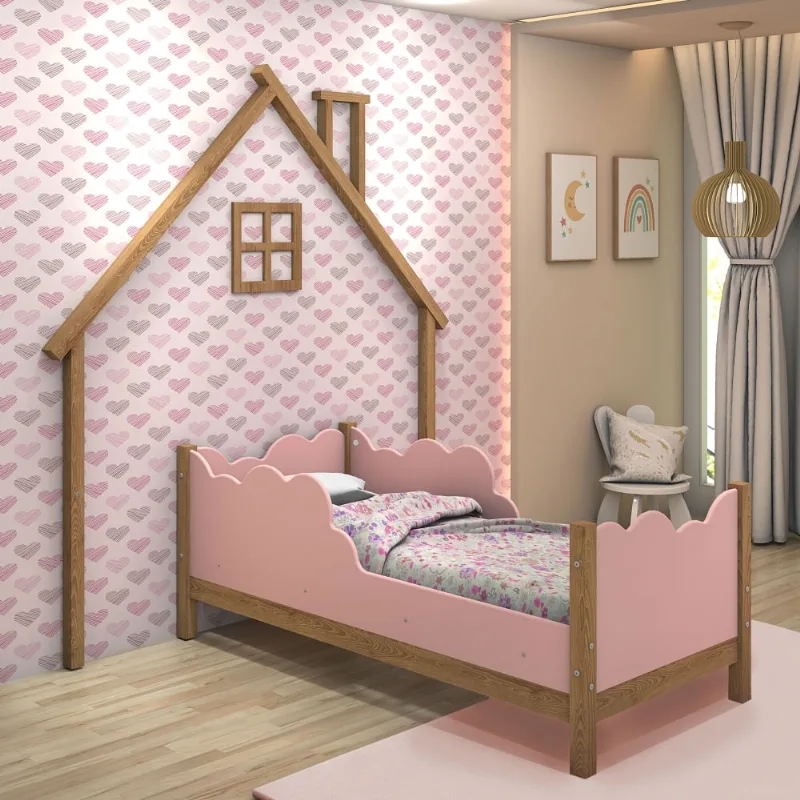 Cama Infantil e Cabeceira de Parede Casa Sonho Madeira e Rosê