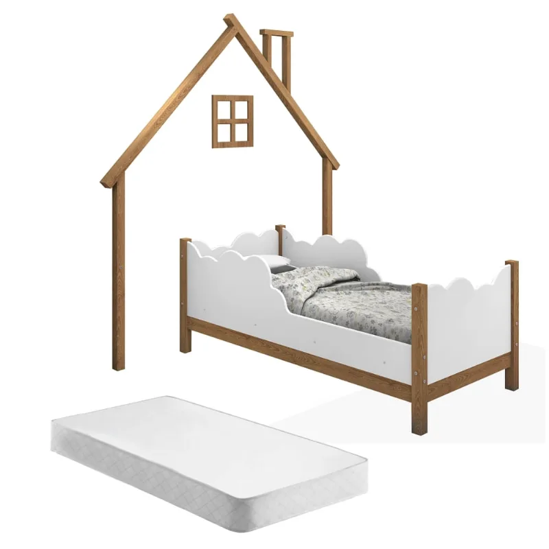 Cama Infantil e Cabeceira de Parede Casa Sonho Madeira e Branco com Colchão