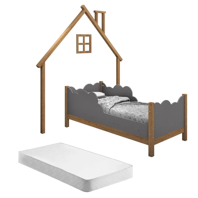 Cama Infantil e Cabeceira de Parede Casa Sonho Madeira e Cinza com Colchão