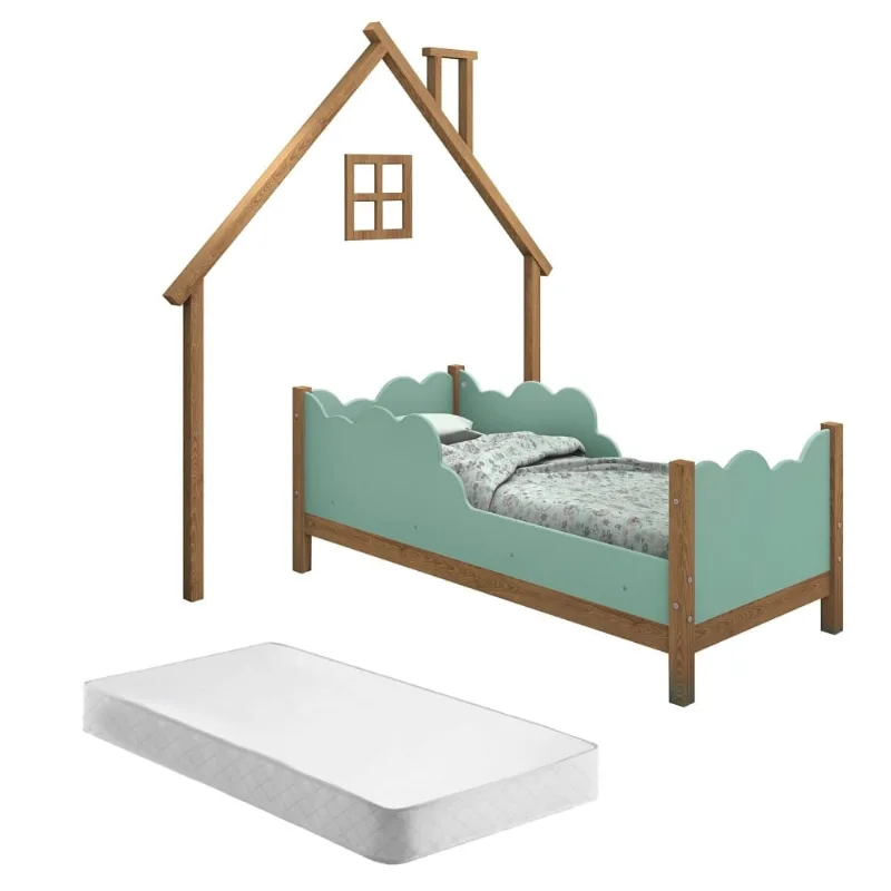 Cama Infantil e Cabeceira de Parede Casa Sonho Madeira e Menta com Colchão