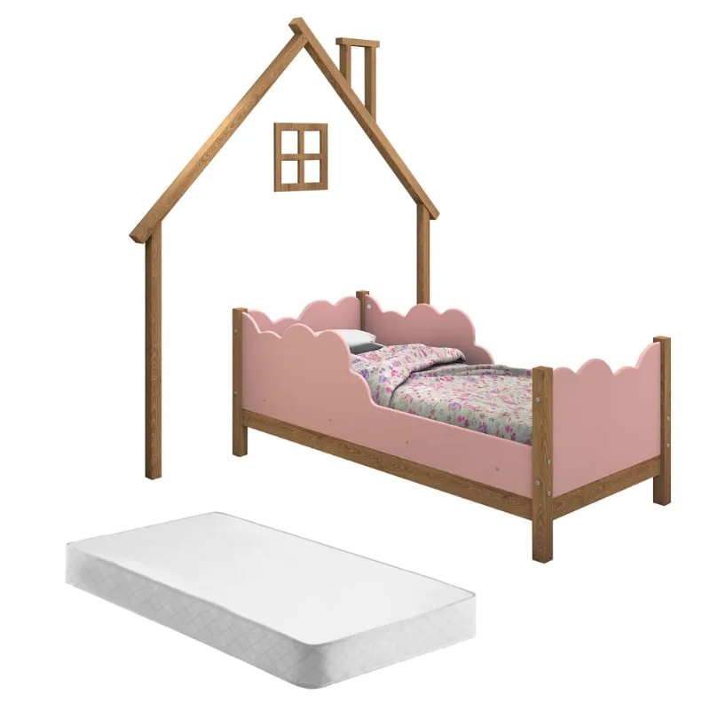 Cama Infantil e Cabeceira de Parede Casa Sonho Madeira e Rosê com Colchão