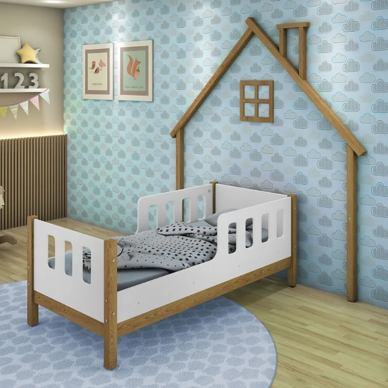 Cama Infantil Casinha Moldura de Parede Love Madeira e Branco