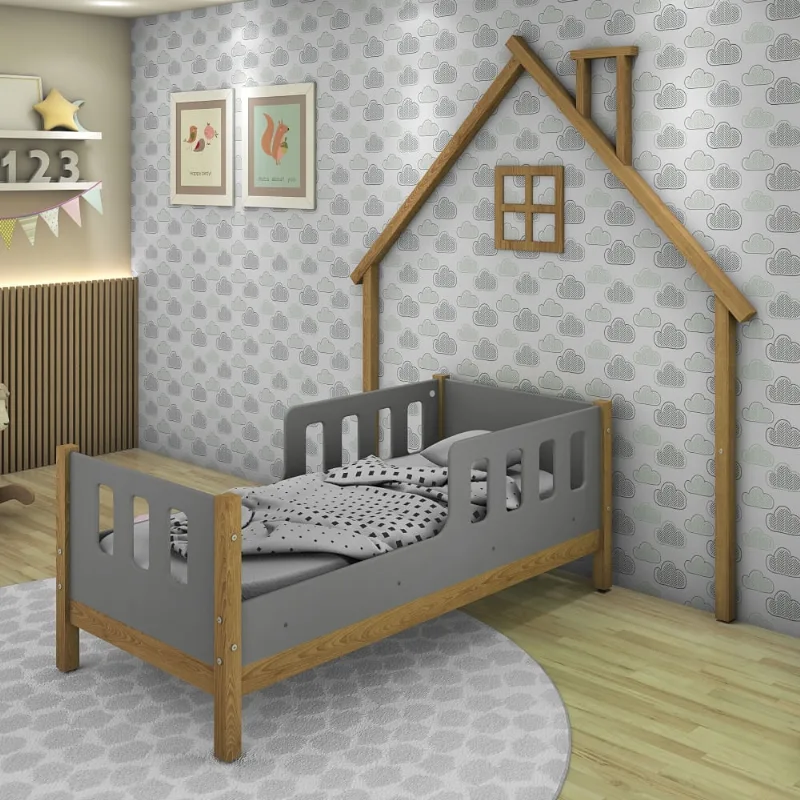 Cama Infantil Casinha Moldura de Parede Love Madeira e Cinza
