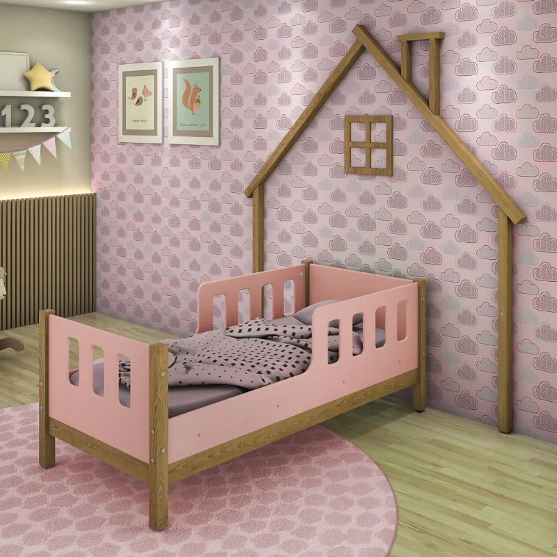 Cama Infantil Casinha Moldura de Parede Love Madeira e Rosê