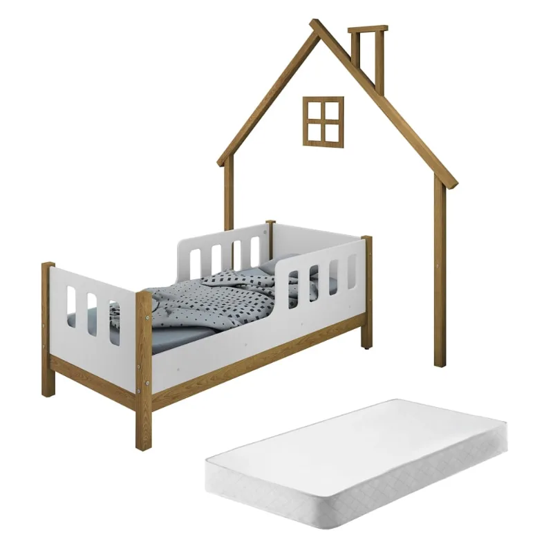Cama Infantil Casinha Moldura de Parede Love Madeira e Branco com Colchão