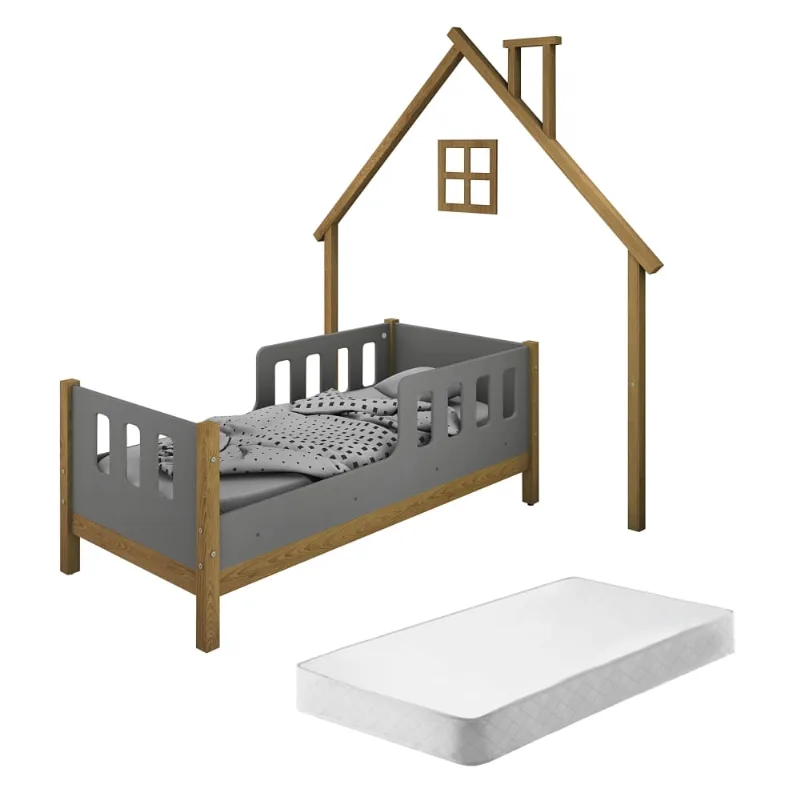 Cama Vitamov Casinha Freijó,Cinza 62 cm 75.5 159 Cama Infantil Casinha Moldura de Parede Love Madeira e Cinza com Colchão