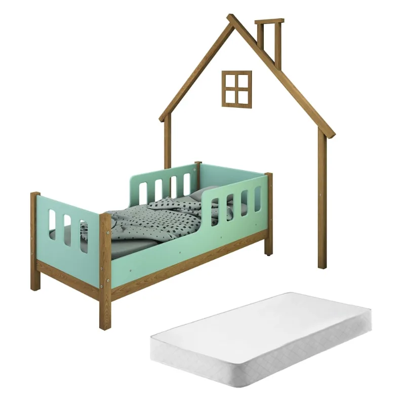 Cama Infantil Casinha Moldura de Parede Love Madeira e Menta com Colchão