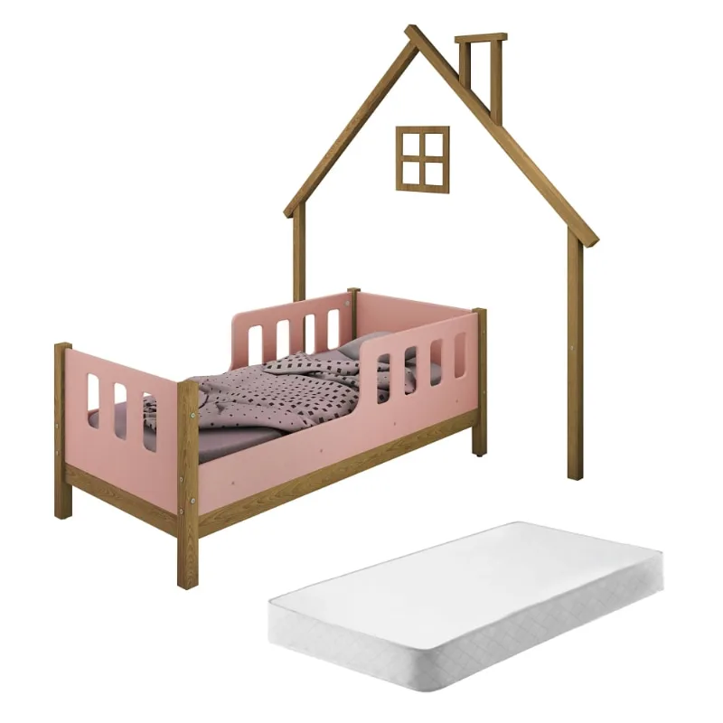 Cama Infantil Casinha Moldura de Parede Love Madeira e Rosê com Colchão