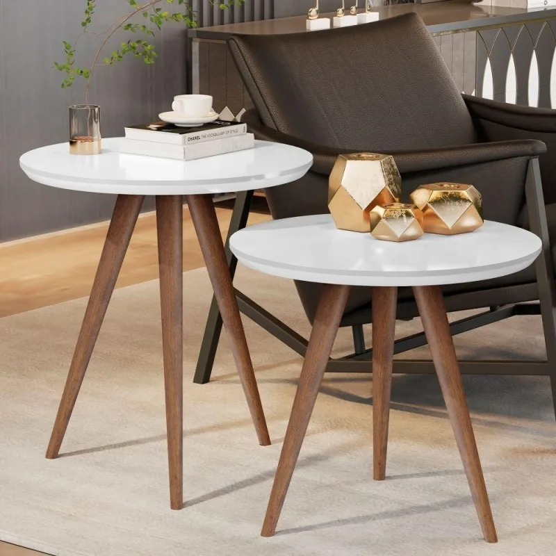 Conjunto Mesa Lateral Sofá Sala Pés Palito Branco - JM3