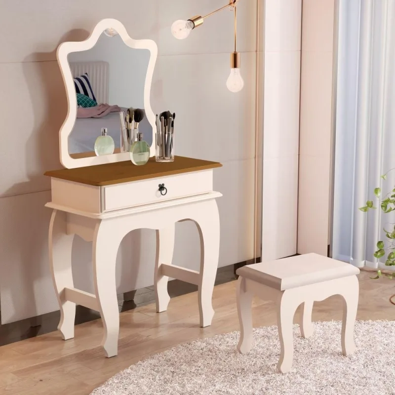 Penteadeira Infantil Laila Com Banqueta Pérola Nature - OUTRAS MARCAS