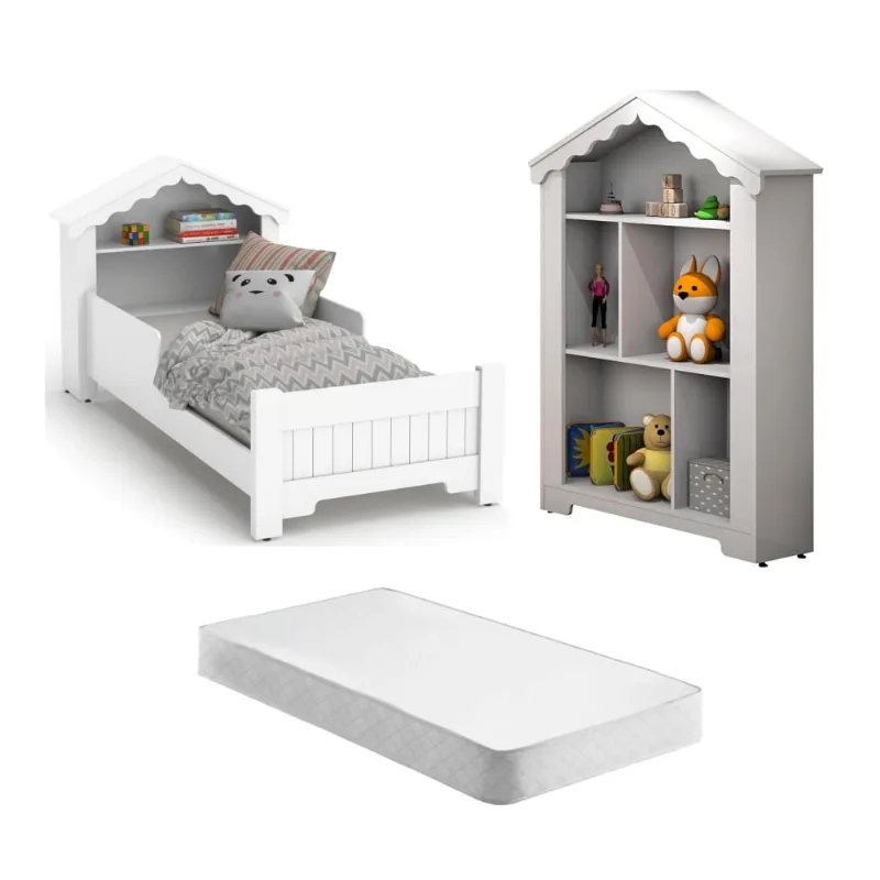 Conjunto Mini Cama e Estante Infantil Princesa Branco com Colchão