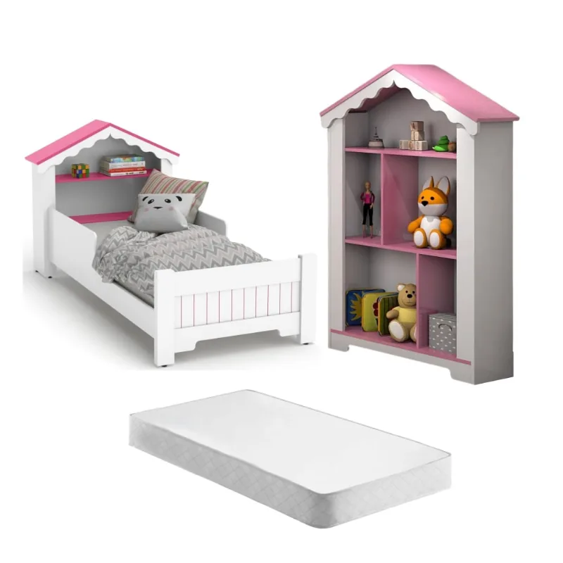 Conjunto Mini Cama e Estante Infantil Princesa Branco Rosa com Colchão
