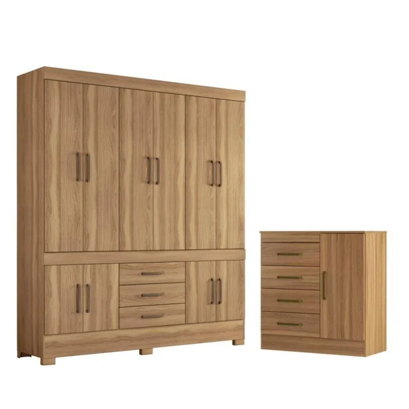Conjunto Guarda Roupa e Cômoda Casal Emilia 10 Portas Bater 7 Gavetas Amêndola MDP - OUTRAS