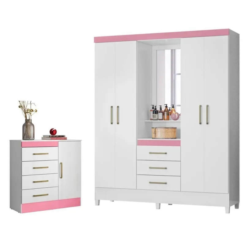 Conjunto Quarto Guarda Roupa E Comoda Arezzo Branco Rosa - OUTRAS - Móveis