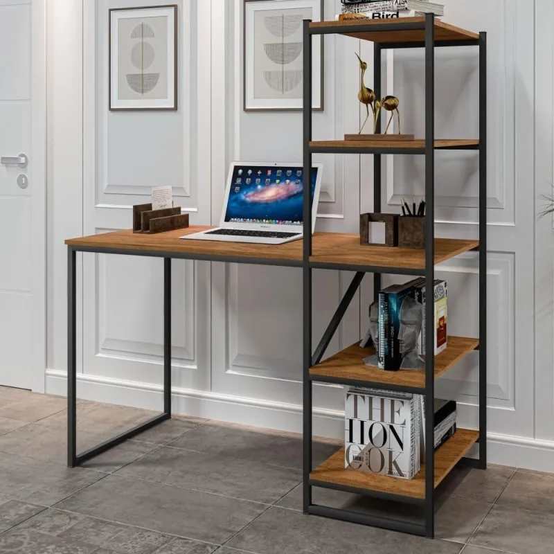 Mesa Industrial Para Escritório Com Prateleira Frist Preto E Canela - OUTRAS