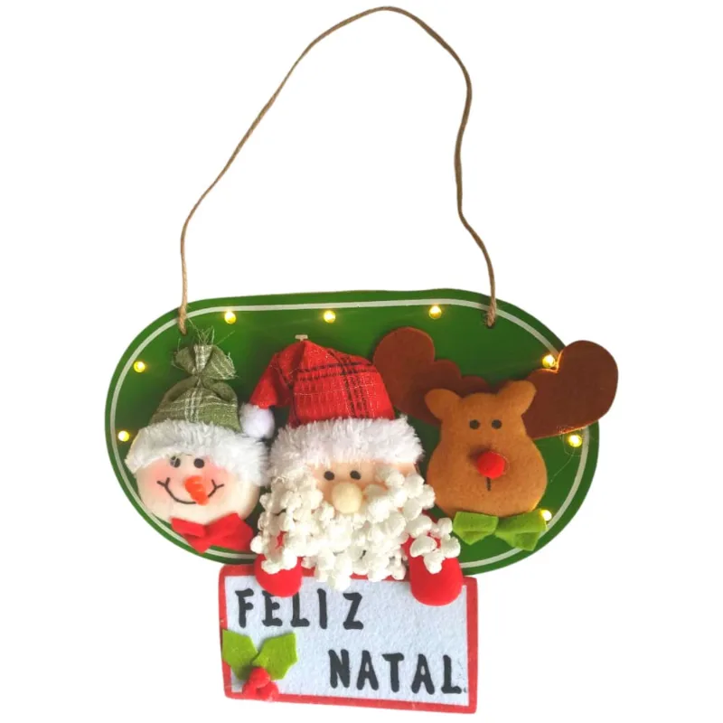 Placa Natalina de Pendurar Com Bonecos 9 Leds Feliz Natal 28x30cm