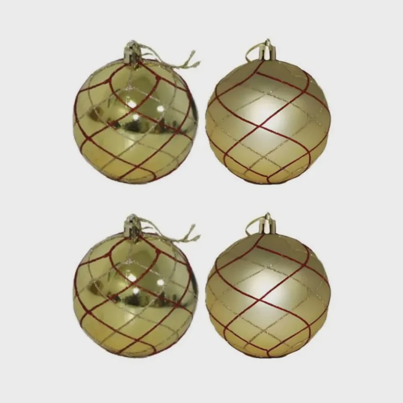Kit 4 Bolas de Natal Fosca Lisa Dourada com Linhas de Glitter 8cm KX2351 - Rio Master