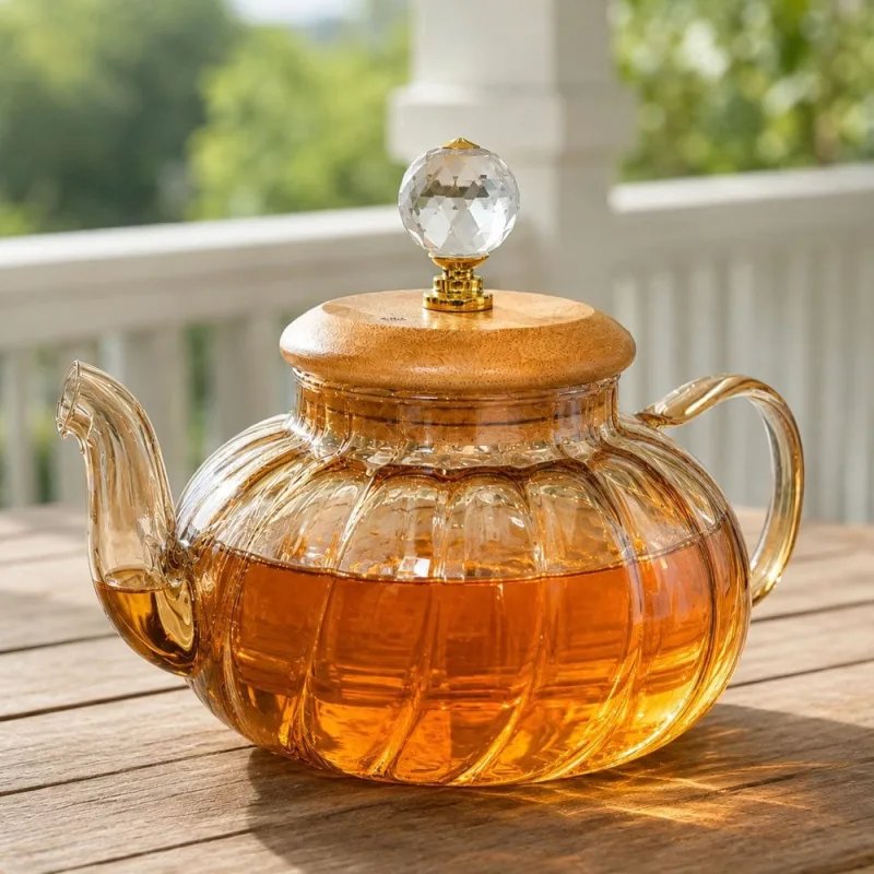 Bule Jarra Chaleira Âmbar Vidro Tampa Bambu Decorativa 800ml - Genérico