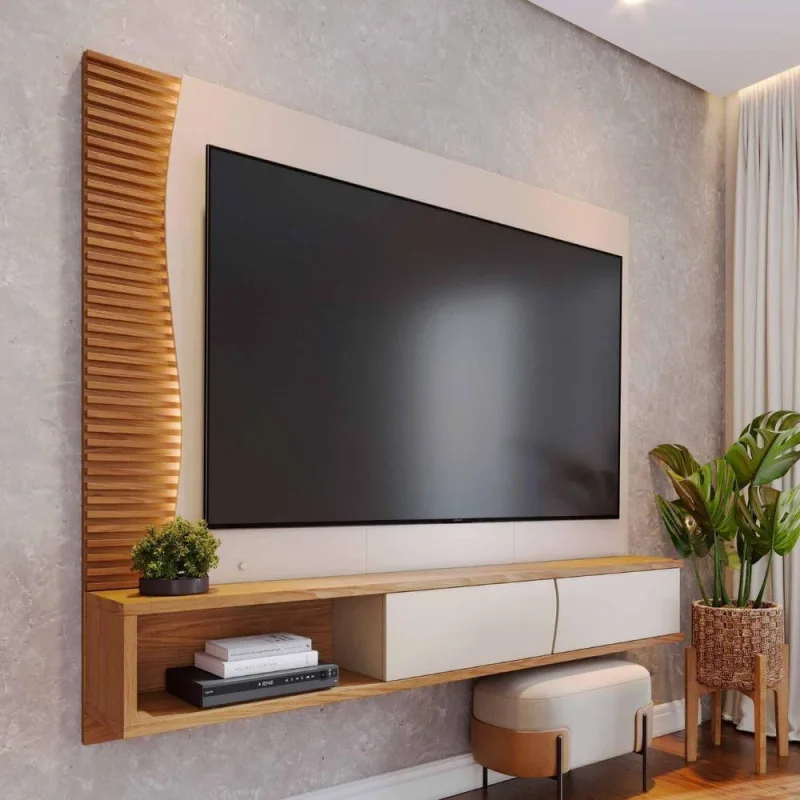 Home Suspenso Sacramento para Tv 65 Polegadas 179cm em MDF MDP com LED Off White Freijó - OUTRAS - Tv E Vídeo