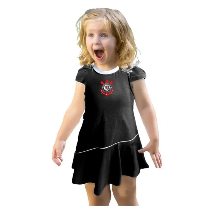 Vestido Bebê ao Infantil Corinthians Preto Onda Oficial Tam 8