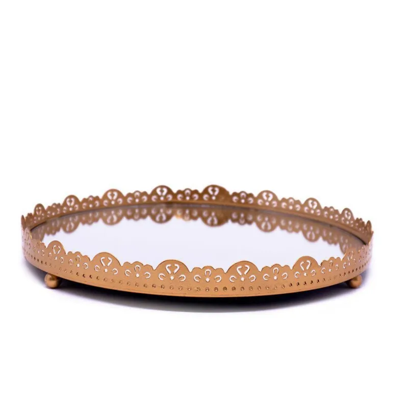 Bandeja Redonda Em Metal Flor Rosê Com Espelho 4x22x22 Cm - DRossi