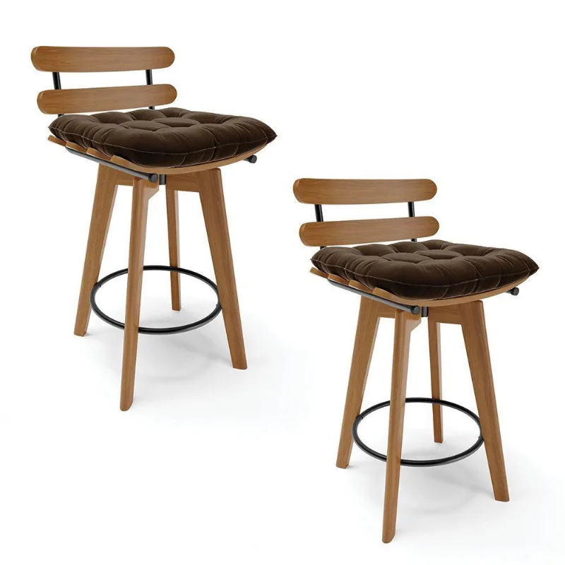Kit 02 Banquetas Giratória Suede Marrom Base Madeira - DRossi