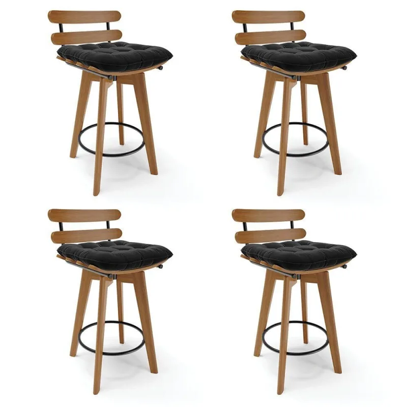 Kit 04 Banquetas Giratória Suede Preto Base Madeira - DRossi - Agro