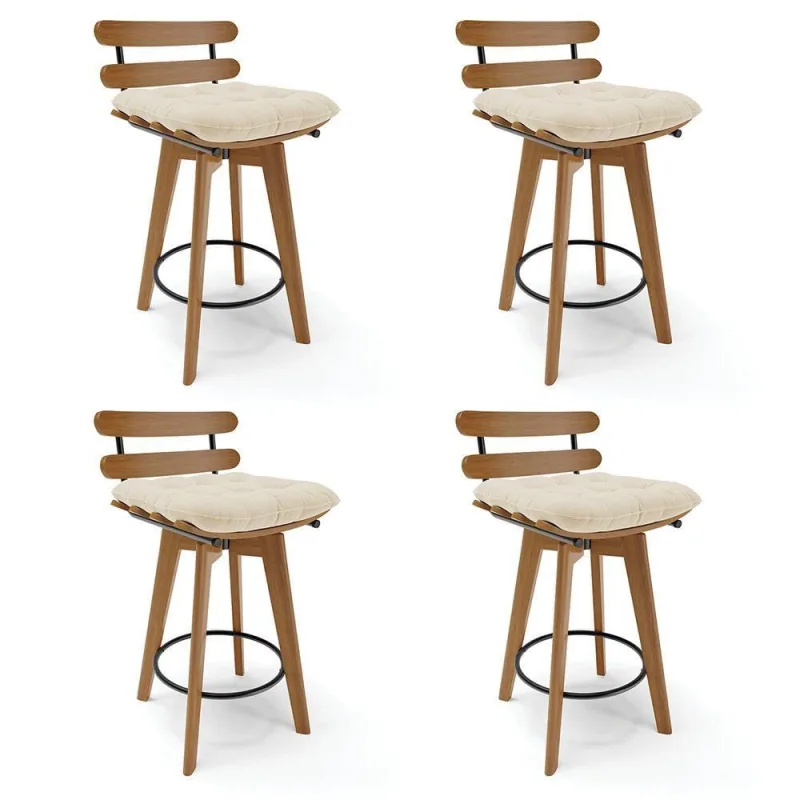 Kit 04 Banquetas Giratória Costela Linho Bege Base Madeira - DRossi - Agro