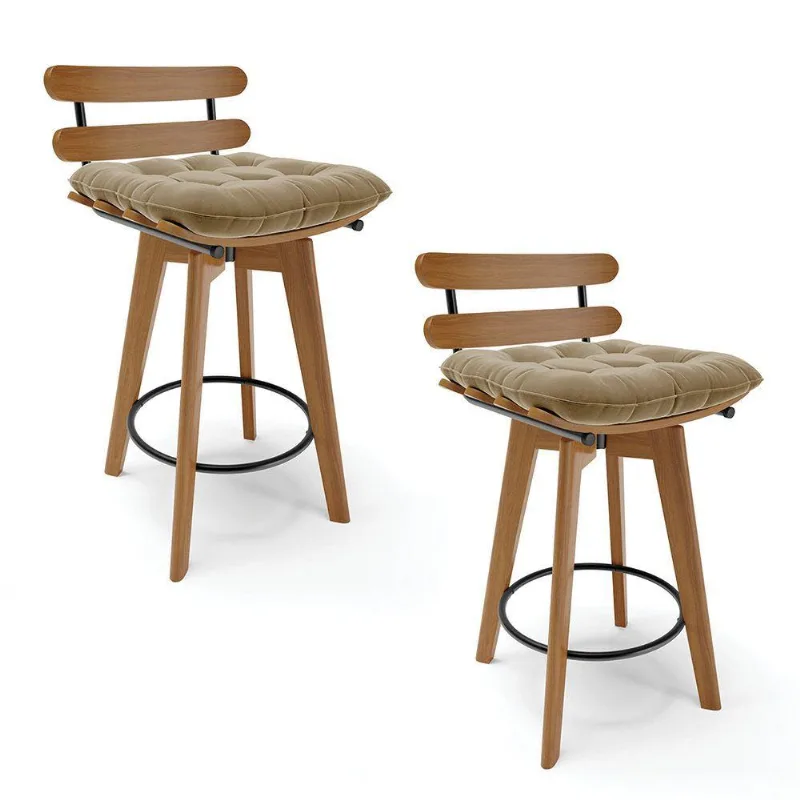 Kit 02 Banquetas Giratória Suede Base Madeira Marrom Rato - DRossi