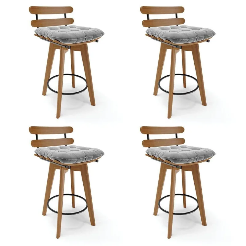 Kit 04 Banquetas Giratória Costela Suede Base Madeira Cinza - DRossi - Agro