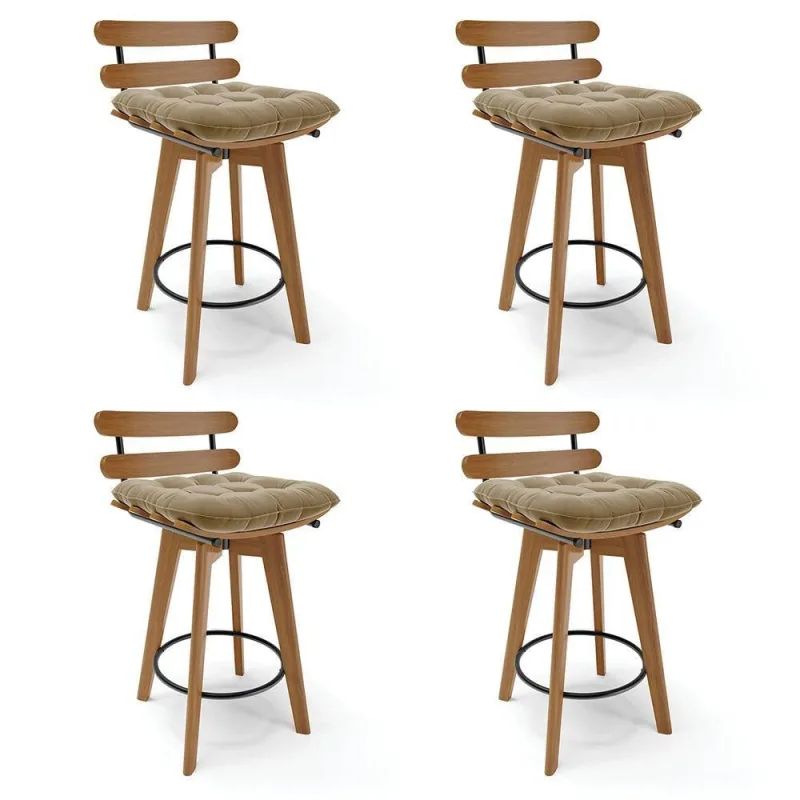 Kit 04 Banquetas Giratória Suede Base Madeira Marrom Rato - DRossi