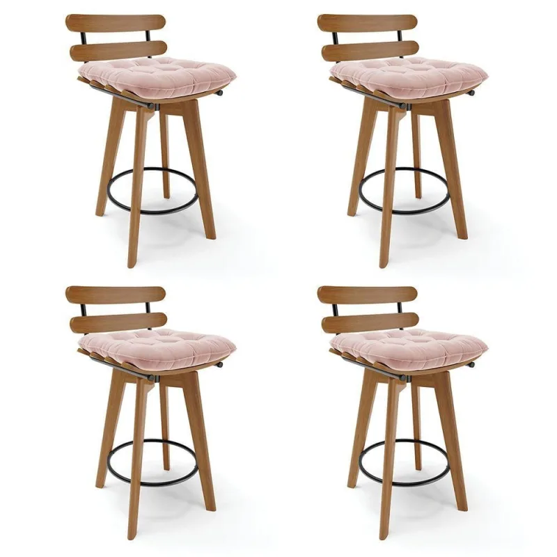 Kit 04 Banquetas Giratória Costela Veludo Base Madeira Rose - DRossi