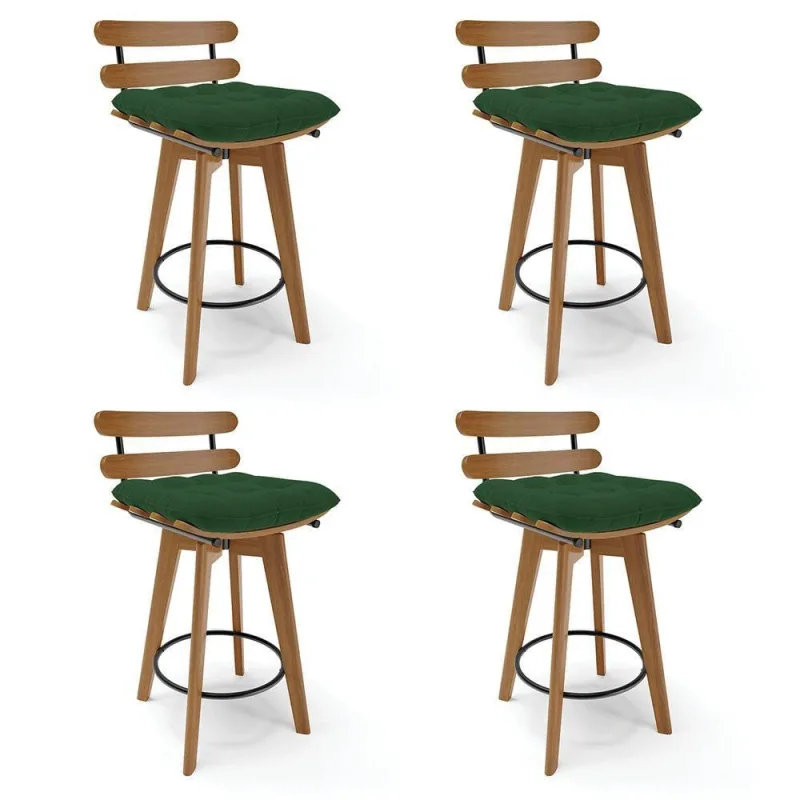 Kit 04 Banquetas Giratória Costela Base Madeira Verde - DRossi