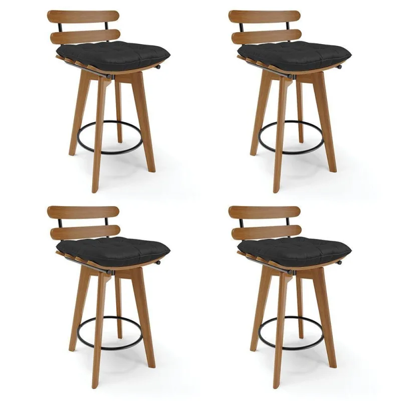 Kit 04 Banquetas Giratória Costela Preto Base Madeira - DRossi