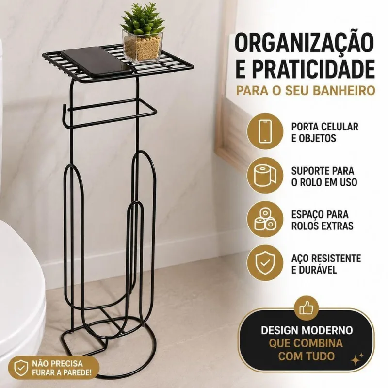 Suporte Organizador Papel Higiênico de Chão com Porta Celular em Aço Preto para Banheiro - OUTRAS