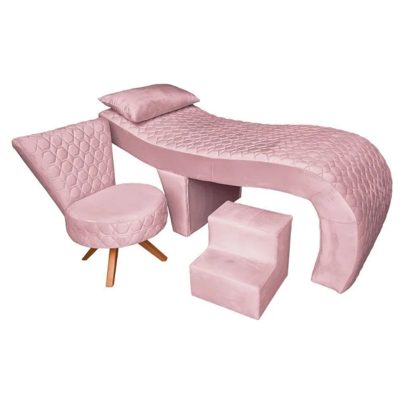Kit Maca Reta Capitonê 0,70m Sophia Com Mocho Base Madeira E Escada Veludo Rosa Bebê - Pallazio