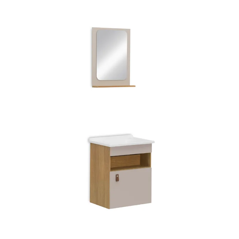 Kit Unique 42cm Freijó Com Nude Espelheira Lavatório Toucador Corso