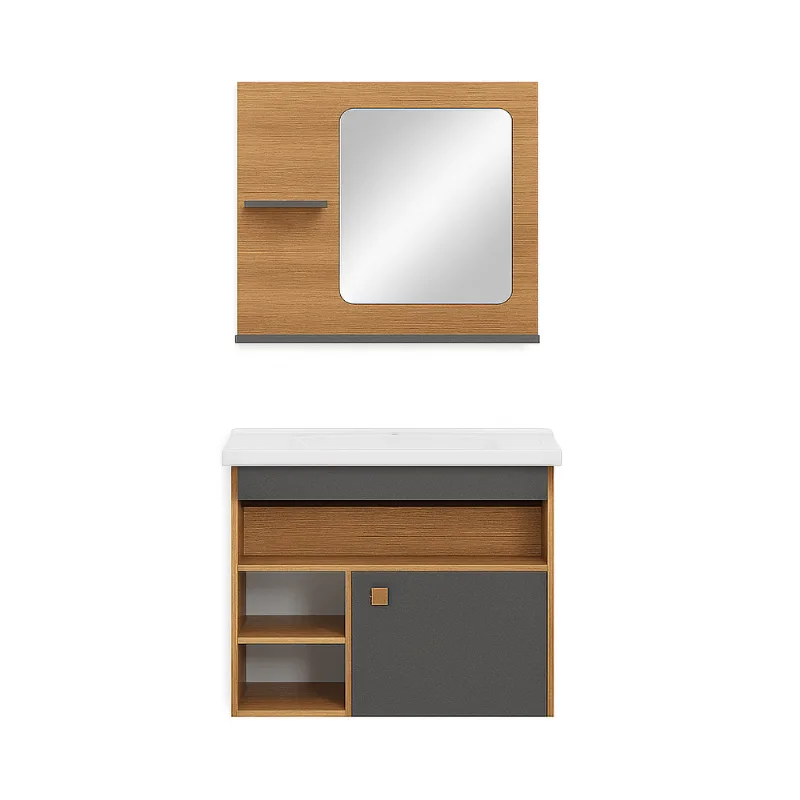 Kit Aura 55cm Freijó Com Grafite Espelheira Lavatório Toucador Corso