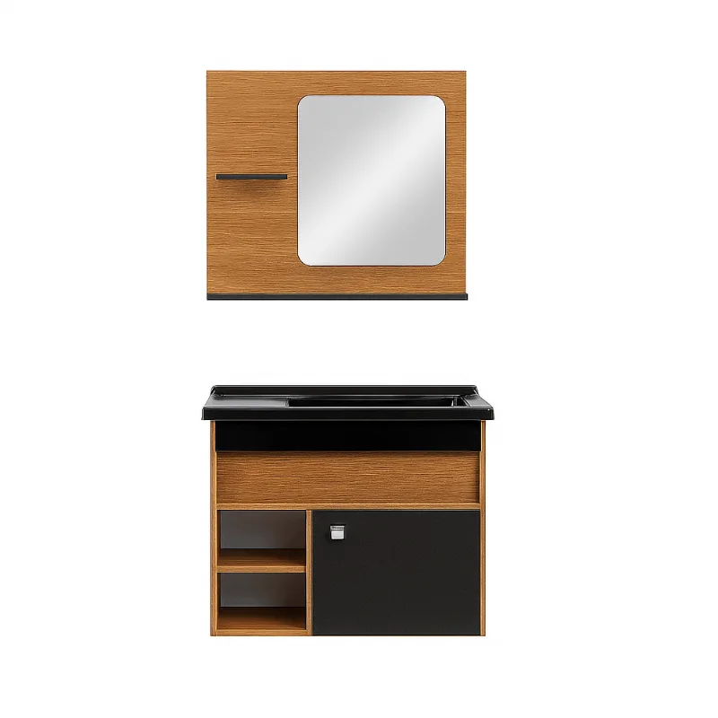 Kit Aura 55cm Freijó Com Preto Espelheira Lavatório Toucador Corso