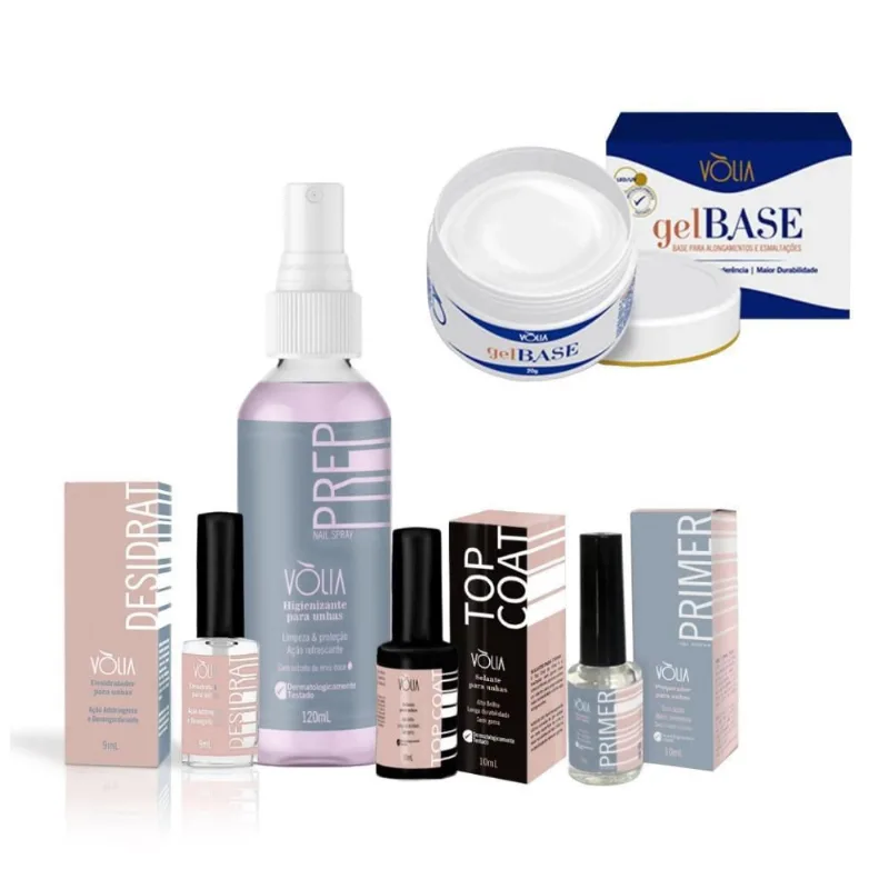 Kit Unha Higienizante Primer Top Cot Desidrat Gel Base Volia