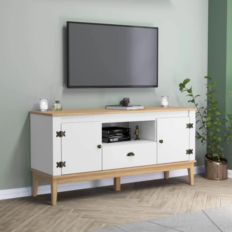 Rack para TV Rack Tv Até 60 Polegadas 135CM MDP 2 Portas 1 Gaveta Mel Branco - OUTRAS - Agro