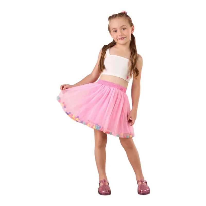 Conjunto saia rosa com pompom E cropped 1425014