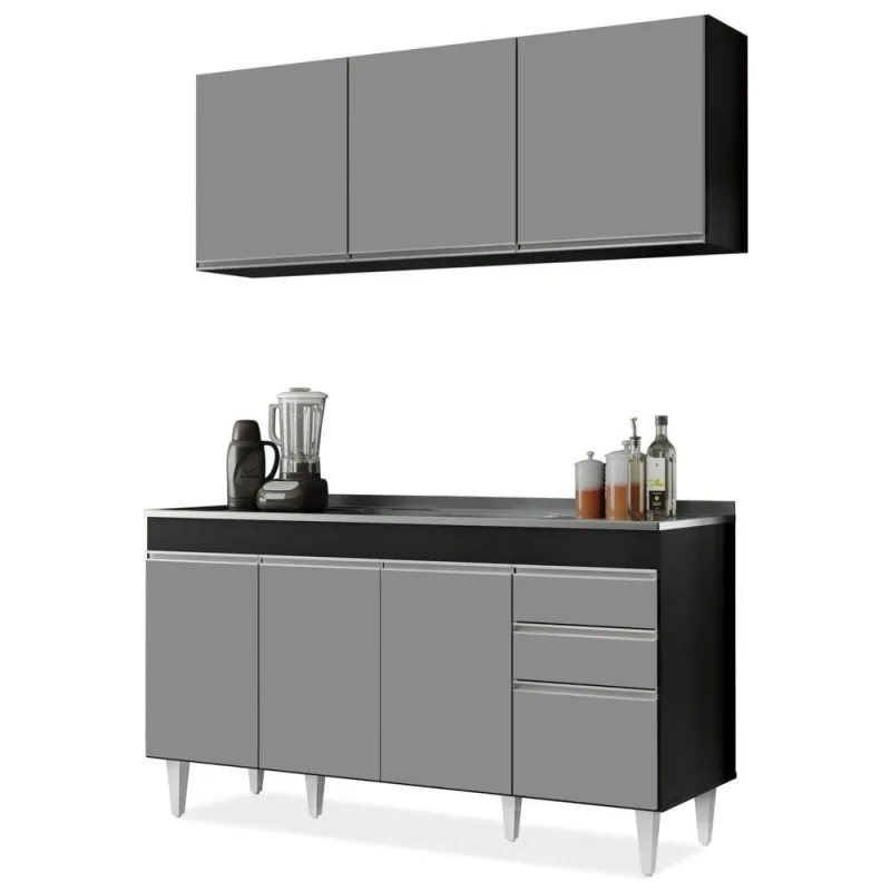 Armário Aéreo E Balcão Gabinete Pia Inox 150cm Preto/Cinza - OUTRAS - Agro