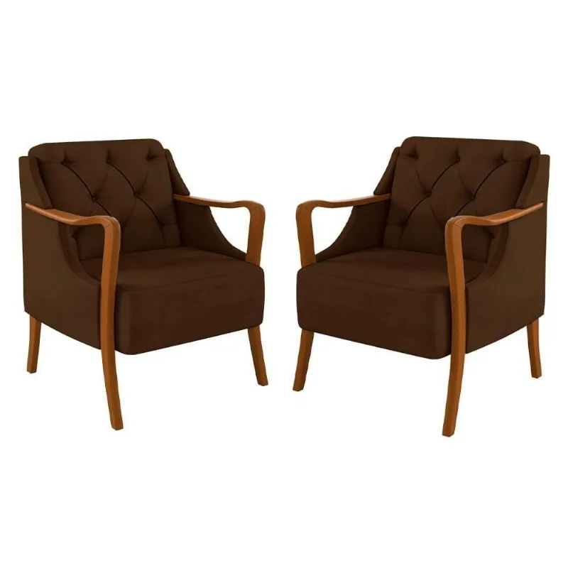 Kit 2 Poltronas Decorativas Para Sala De Estar Capitonê Lapa M22 Veludo Marrom - Mpozenato