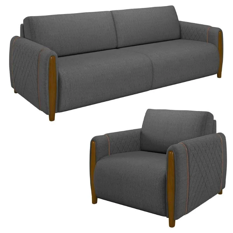 Conjunto Sofá 3 Lugares 223cm E Poltrona 98cm Amaranto M22 Linho Cinza Escuro - Mpozenato