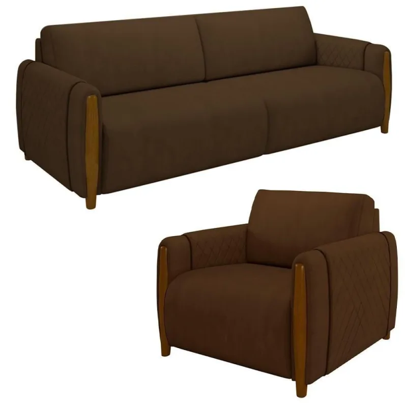 Conjunto Sofá 3 Lugares 223cm E Poltrona 98cm Amaranto M22 Veludo Marrom - Mpozenato - Mpozenato - Móveis