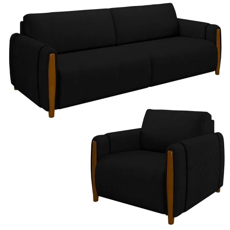 Conjunto Sofá 3 Lugares 223cm E Poltrona 98cm Amaranto M22 Veludo Preto - Mpozenato - Mpozenato - Móveis